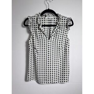 Polka Dot Blouse Womens Small Black White Ruffle Neck Mod Chic Top‎